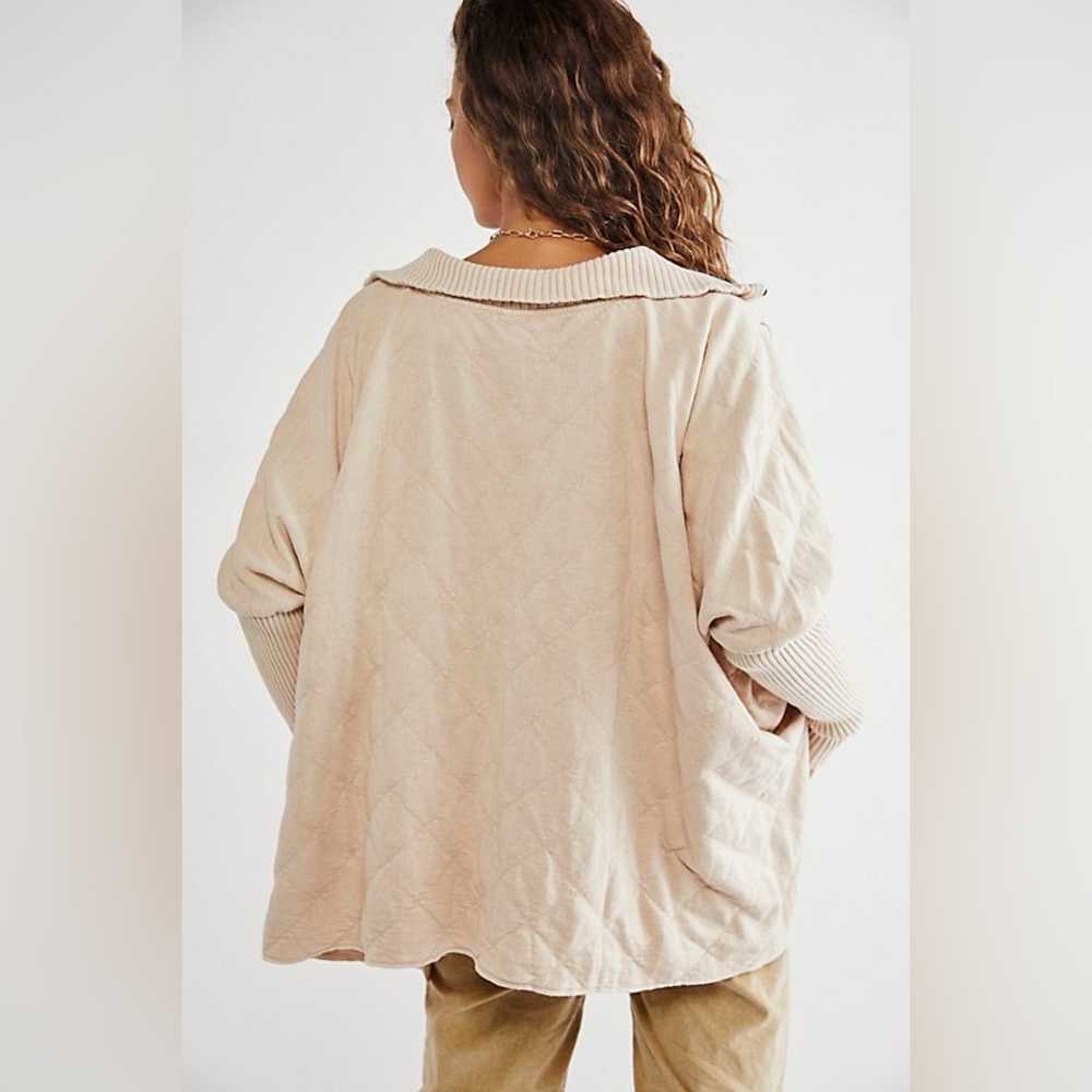 Free People Fp One Shiloh Sweatshirt Pullover Zip Oversized Ribbed sz M beige - Picture 3 of 14
